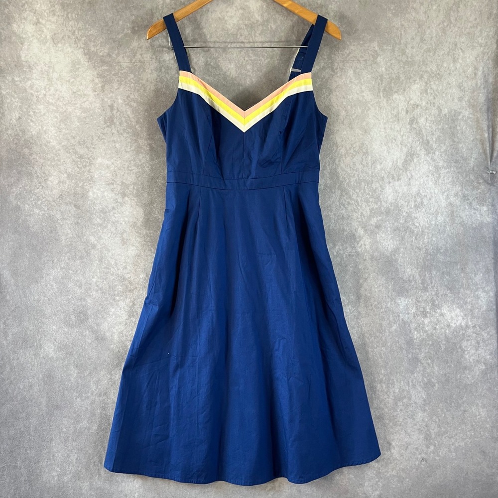 ModCloth Midi Dress Womens 8 Blue Chevron Stripe Cotton Pockets Fit Flare Summer
